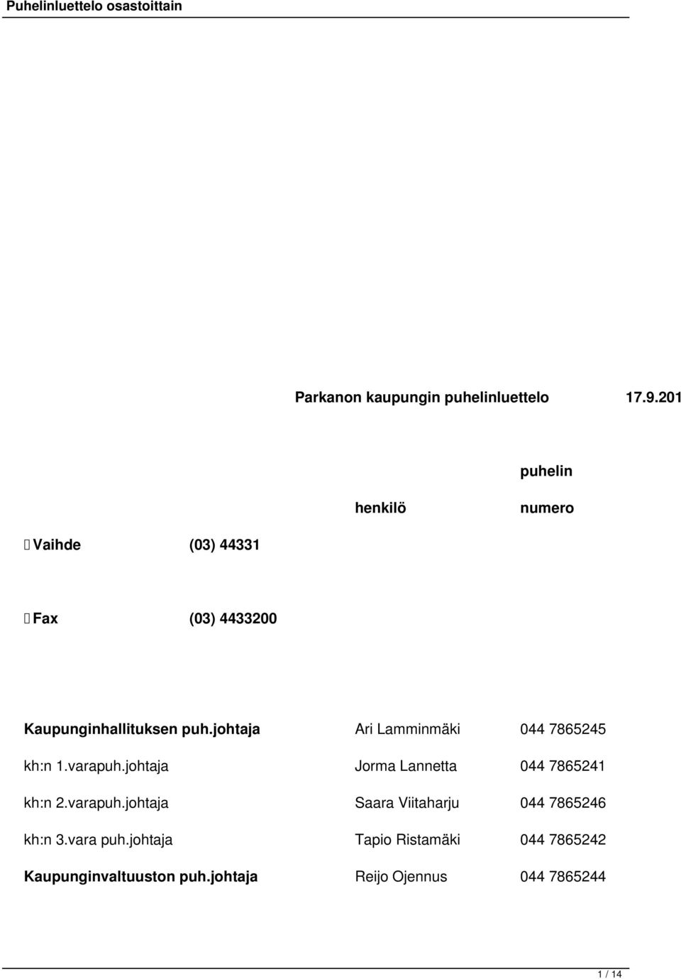 johtaja Ari Lamminmäki 044 7865245 kh:n 1.varapuh.johtaja Jorma Lannetta 044 7865241 kh:n 2.