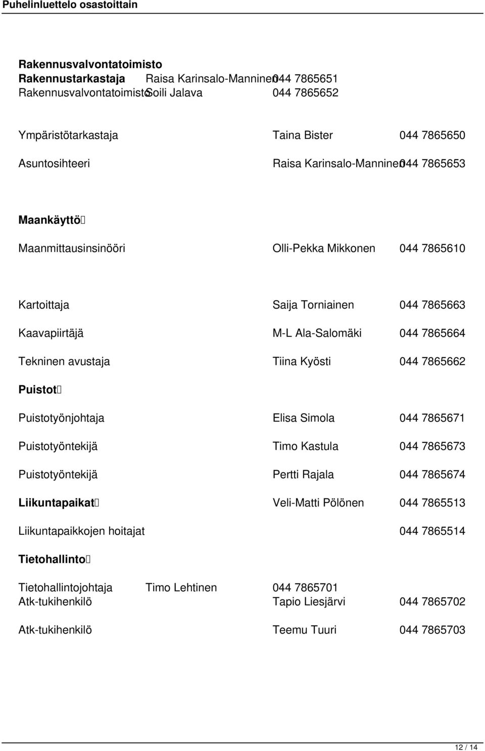 Tiina Kyösti 044 7865662 Puistot Puistotyönjohtaja Elisa Simola 044 7865671 Puistotyöntekijä Timo Kastula 044 7865673 Puistotyöntekijä Pertti Rajala 044 7865674 Liikuntapaikat Veli-Matti Pölönen