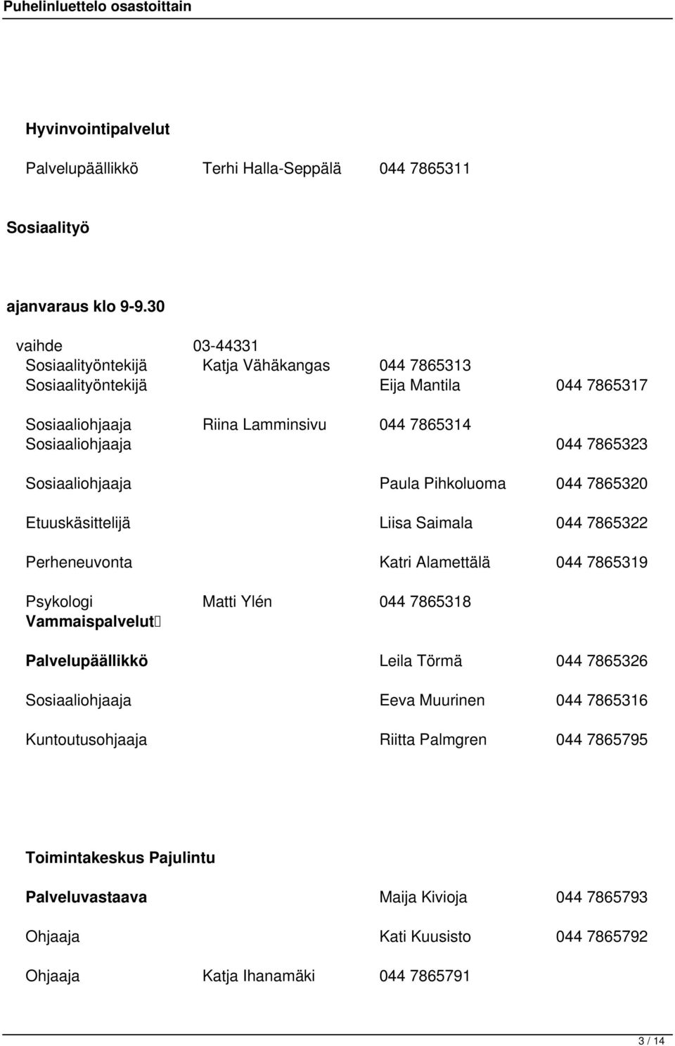 Sosiaaliohjaaja Paula Pihkoluoma 044 7865320 Etuuskäsittelijä Liisa Saimala 044 7865322 Perheneuvonta Katri Alamettälä 044 7865319 Psykologi Matti Ylén 044 7865318 Vammaispalvelut