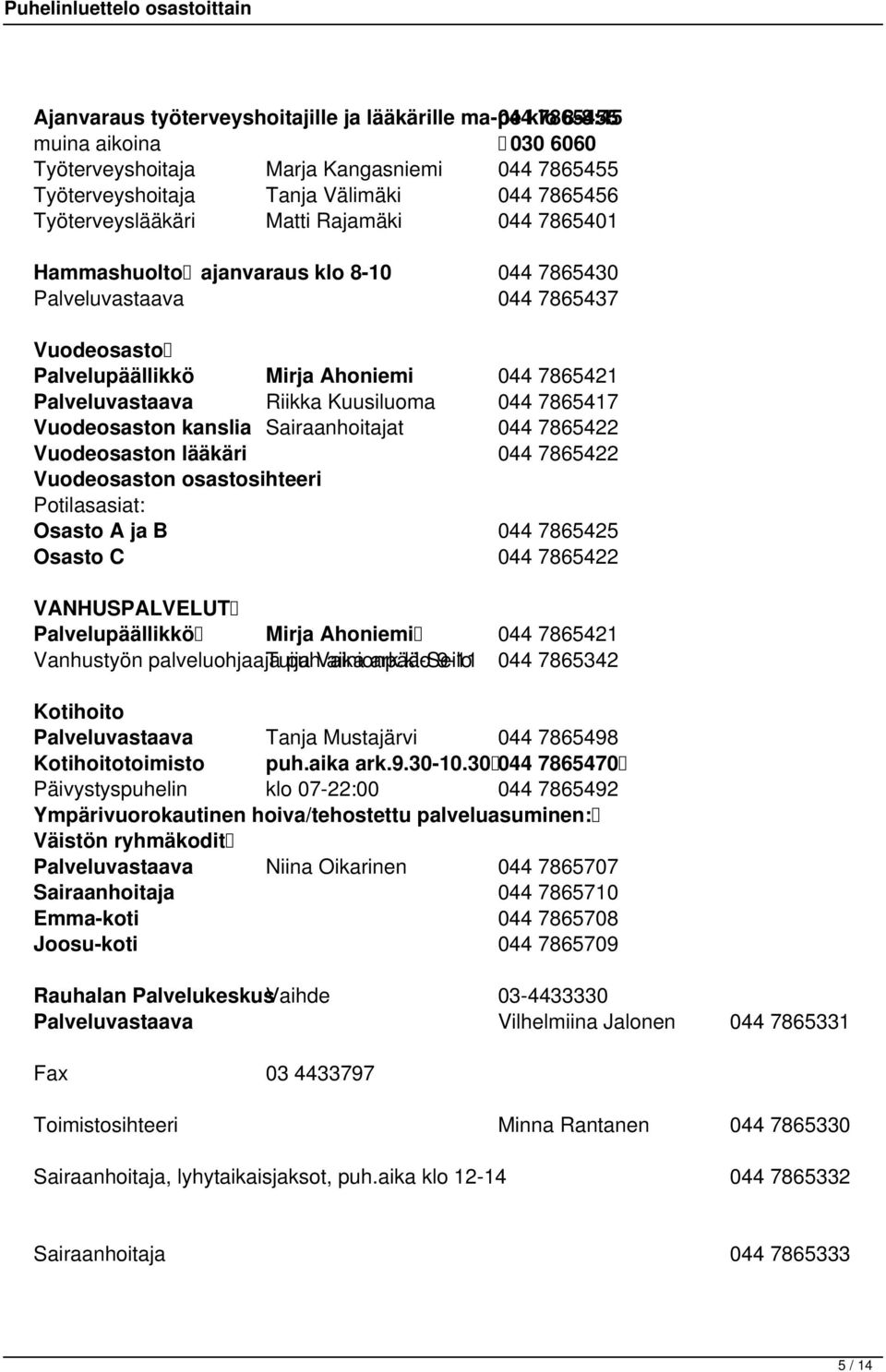 Kuusiluoma 044 7865417 Vuodeosaston kanslia Sairaanhoitajat 044 7865422 Vuodeosaston lääkäri 044 7865422 Vuodeosaston osastosihteeri Potilasasiat: Osasto A ja B 044 7865425 Osasto C 044 7865422