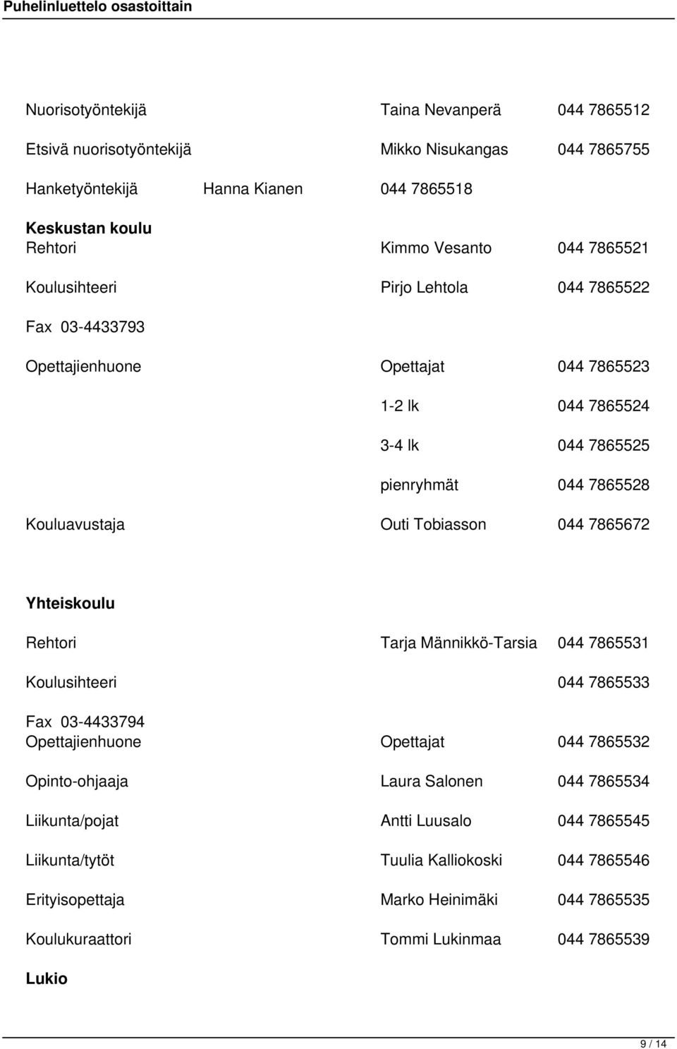 Tobiasson 044 7865672 Yhteiskoulu Rehtori Tarja Männikkö-Tarsia 044 7865531 Koulusihteeri 044 7865533 Fax 03-4433794 Opettajienhuone Opettajat 044 7865532 Opinto-ohjaaja Laura Salonen