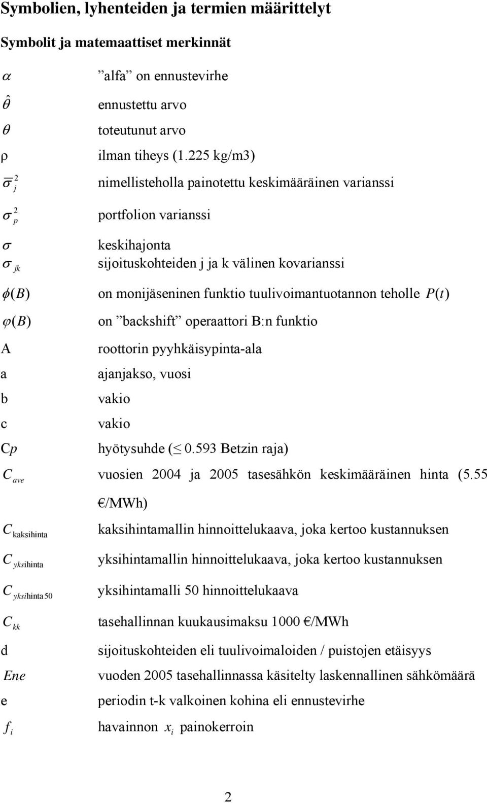 tuulivoimantuotannon teholle P (t) ϕ (B) on backshift operaattori B:n funktio A a b c Cp roottorin pyyhkäisypinta-ala ajanjakso, vuosi vakio vakio hyötysuhde ( 0.