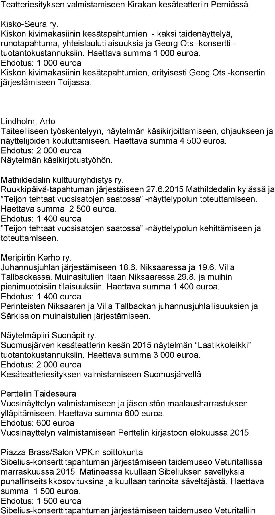 Kiskon kivimakasiinin kesätapahtumien, erityisesti Geog Ots -konsertin järjestämiseen Toijassa.