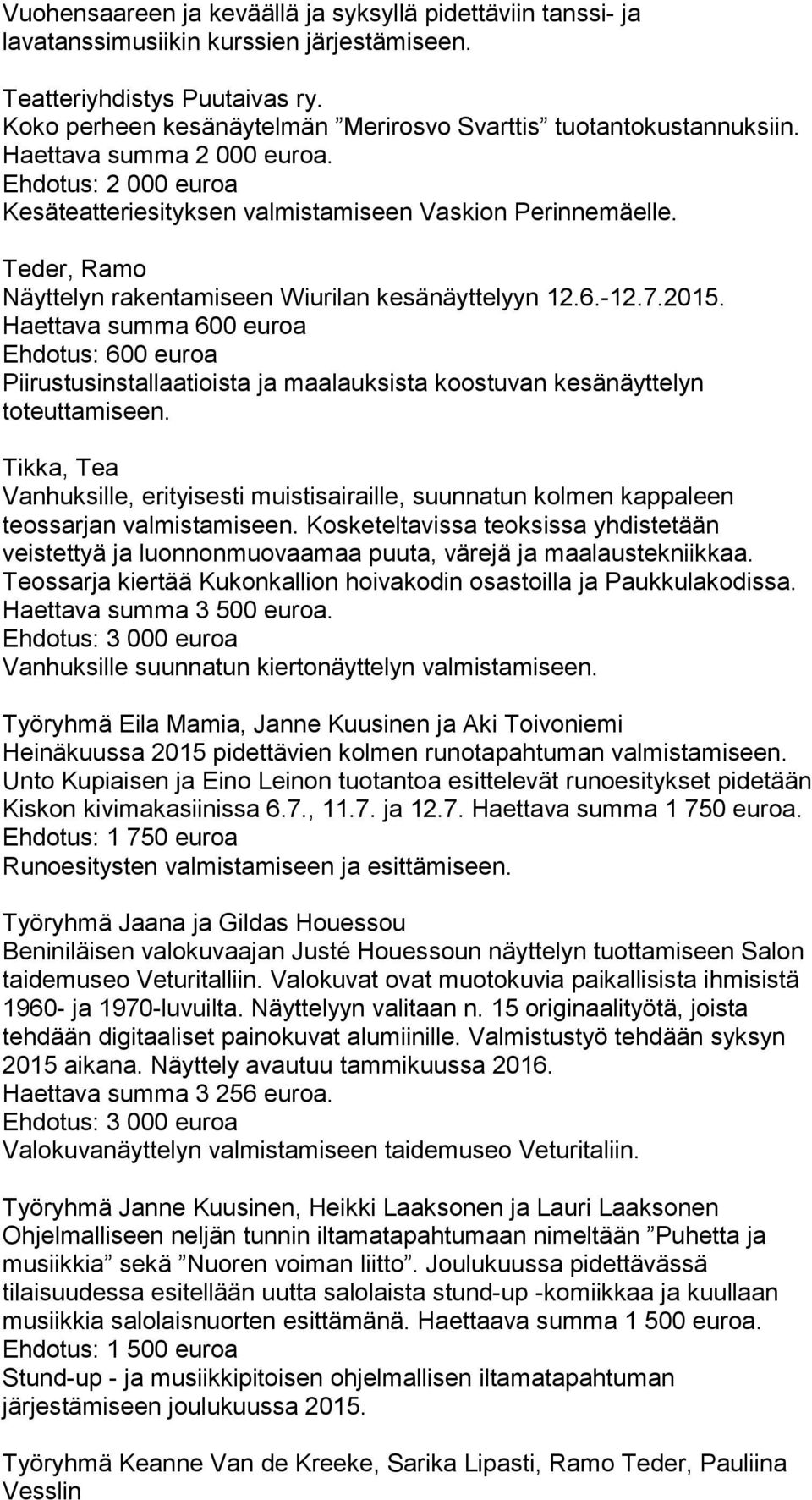 Teder, Ramo Näyttelyn rakentamiseen Wiurilan kesänäyttelyyn 12.6.-12.7.2015.