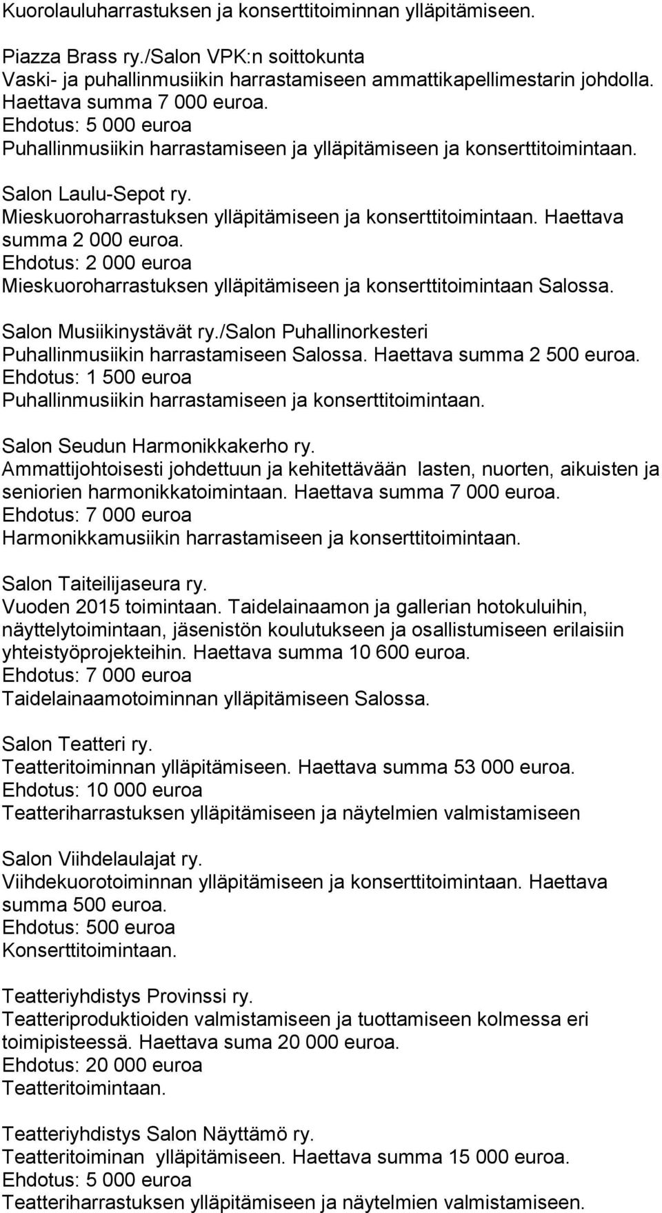 Mieskuoroharrastuksen ylläpitämiseen ja konserttitoimintaan. Haettava summa 2 000 euroa. Mieskuoroharrastuksen ylläpitämiseen ja konserttitoimintaan Salossa. Salon Musiikinystävät ry.