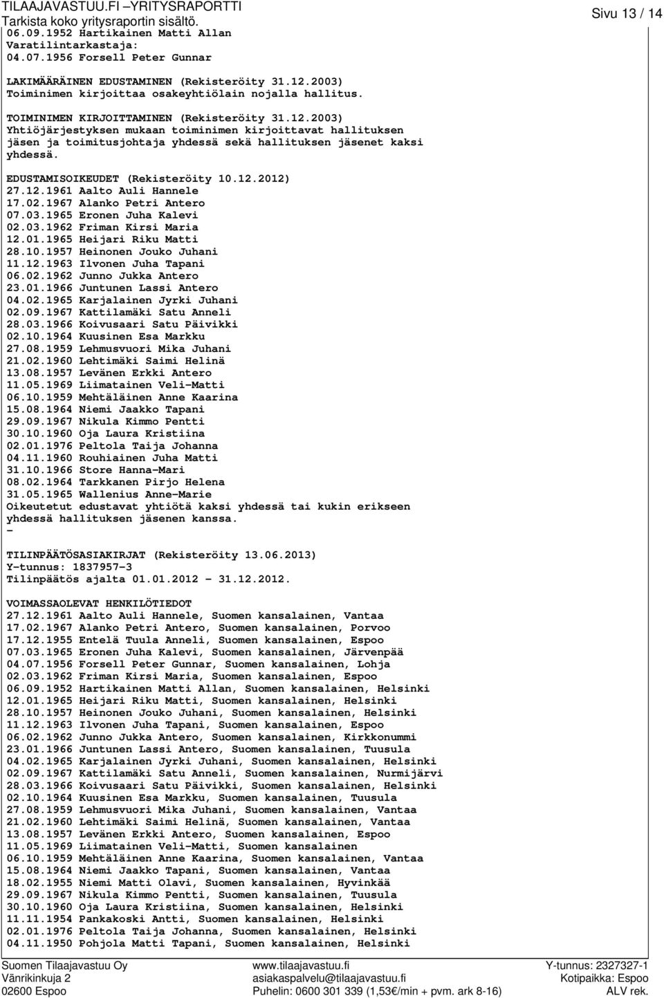 2003) Yhtiöjärjestyksen mukaan toiminimen kirjoittavat hallituksen jäsen ja toimitusjohtaja yhdessä sekä hallituksen jäsenet kaksi yhdessä. EDUSTAMISOIKEUDET (Rekisteröity 10.12.