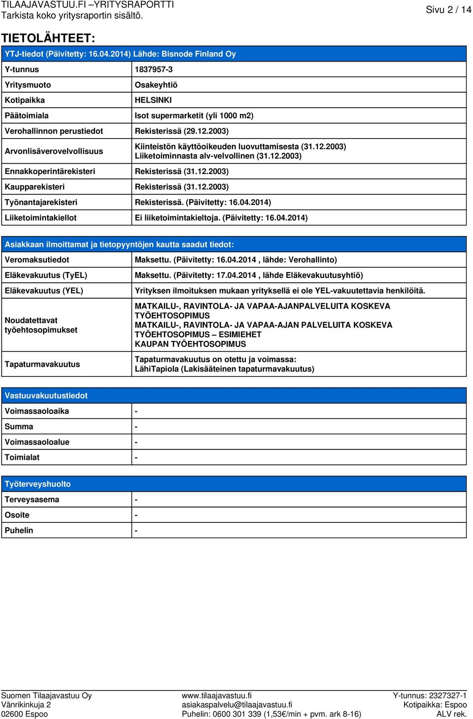 2003) Arvonlisäverovelvollisuus Ennakkoperintärekisteri Rekisterissä (31.12.2003) Kaupparekisteri Rekisterissä (31.12.2003) Kiinteistön käyttöoikeuden luovuttamisesta (31.12.2003) Liiketoiminnasta alv-velvollinen (31.