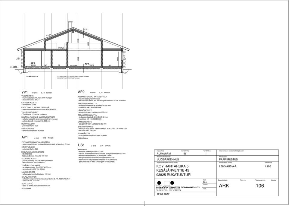 TUUULETUSVÄLI - rakennesuunnitelman mukaan 45x145 k900 KANTAVA RAKENNE JA LÄMMÖNERISTE - sahatavarapalkit rakennesuunitelman mukaan - palkkiväleissä mineraalivilla 350 mm HÖYRYNSULKU -