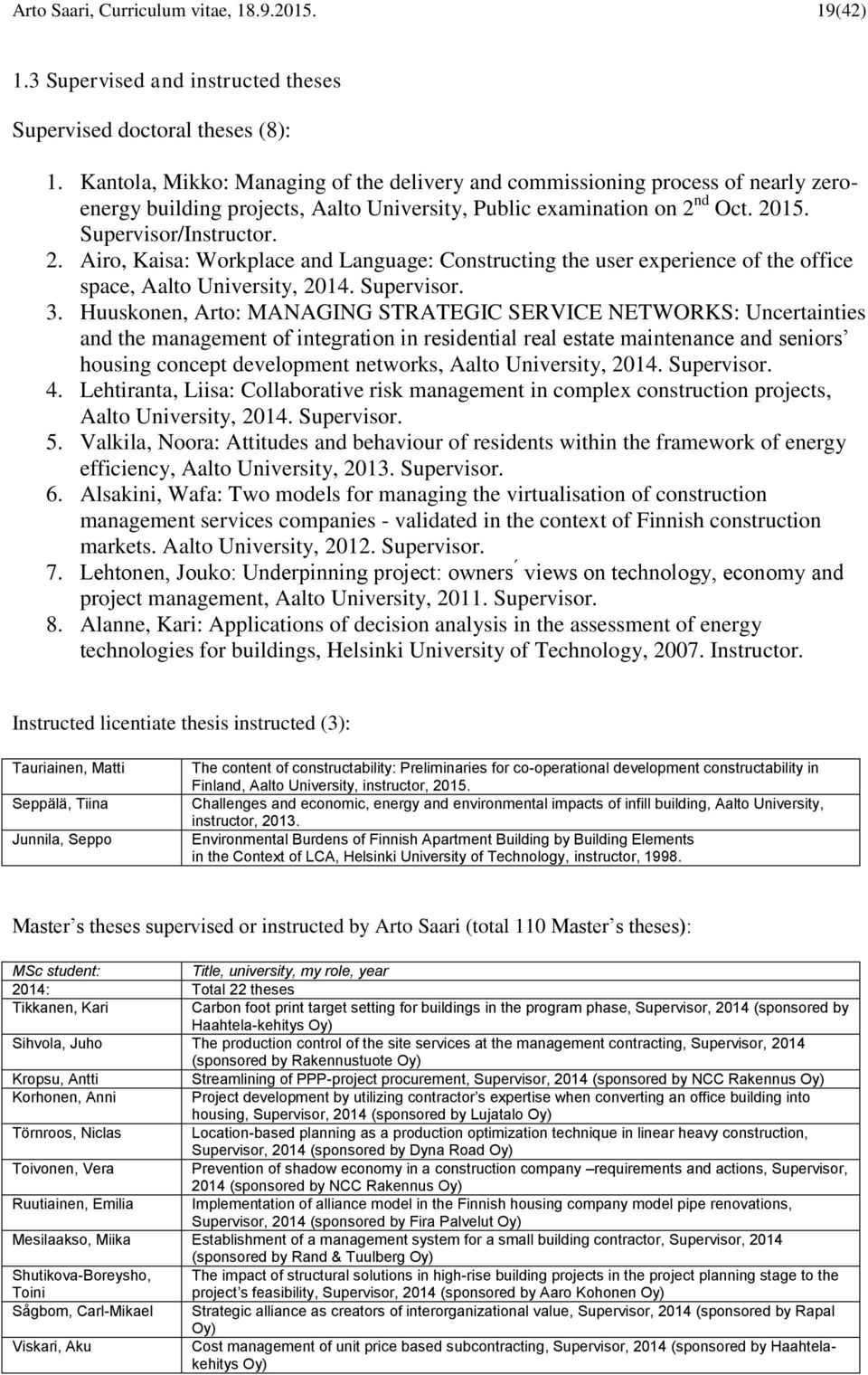 nd Oct. 2015. Supervisor/Instructor. 2. Airo, Kaisa: Workplace and Language: Constructing the user experience of the office space, Aalto University, 2014. Supervisor. 3.