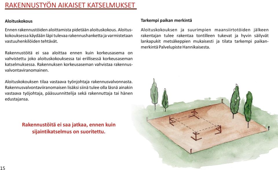 Aloituskokouksen ja suurimpien maansiirtotöiden jälkeen rakentajan tulee rakentaa tontilleen tukevat ja hyvin säilyvät lankapukit metsäkeppien mukaisesti ja tilata tarkempi paikanmerkintä