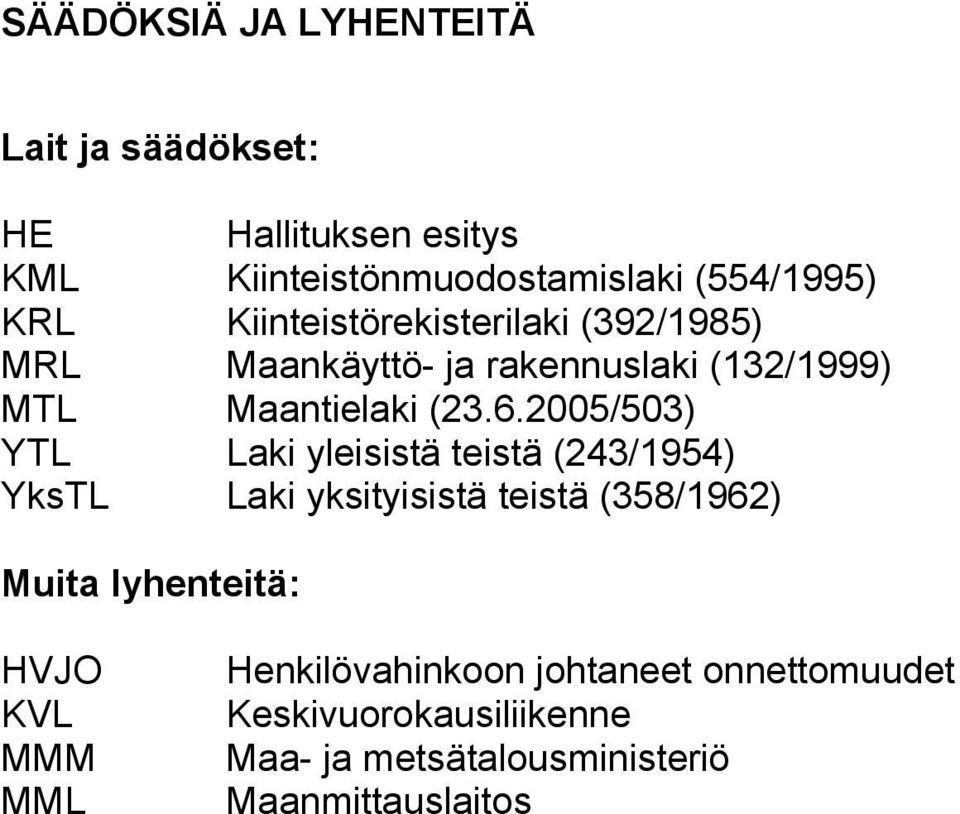 2005/503) YTL Laki yleisistä teistä (243/1954) YksTL Laki yksityisistä teistä (358/1962) Muita lyhenteitä: HVJO