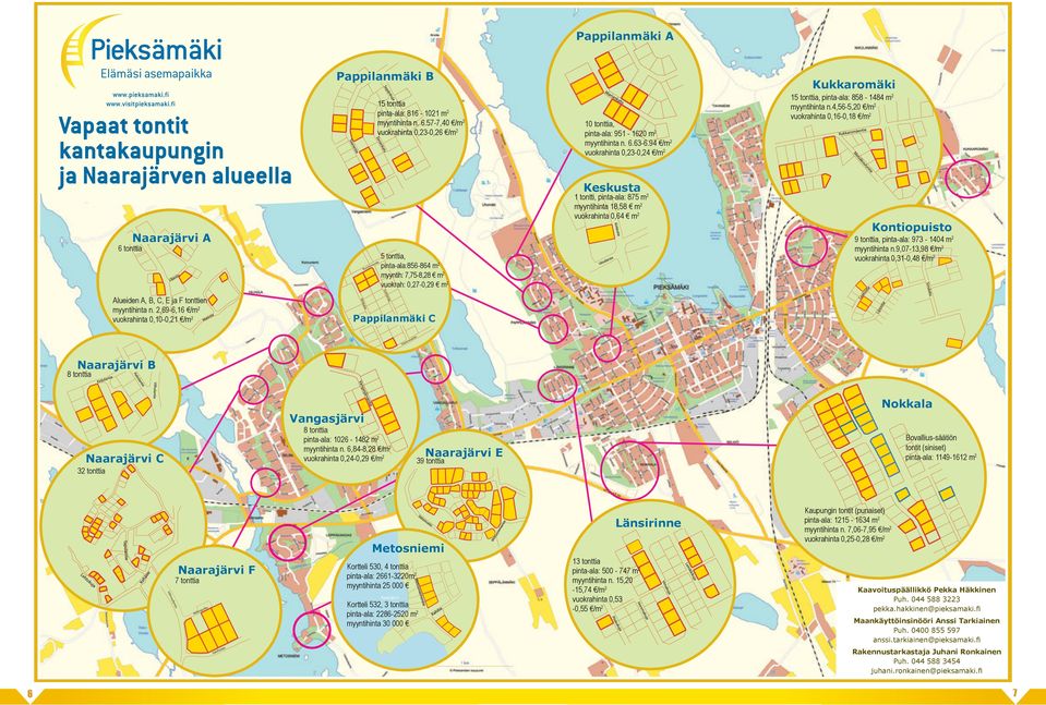 4,56-5,20 /m2 vuokrahinta 0,16-0,18 /m2 Keskusta 1 tontti, pinta-ala: 875 m2 myyntihinta 18,58 m2 vuokrahinta 0,64 m2 Naarajärvi A tie nan stin Ruu 5 tonttia, pinta-ala:856-864 m2 myyntih: 7,75-8,28