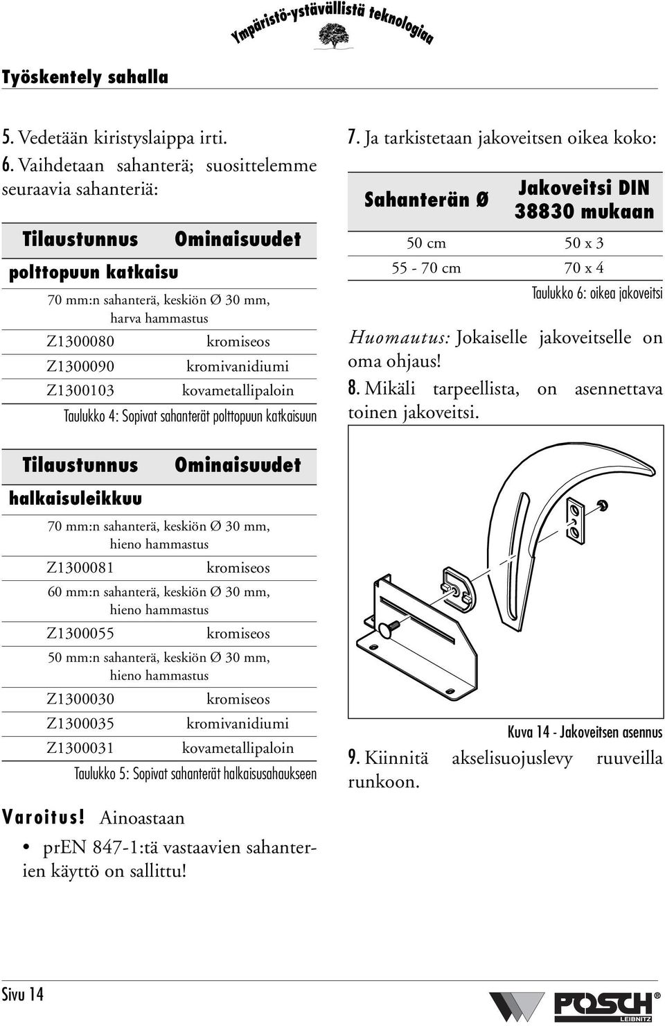 Z1300103 kovametallipaloin Taulukko 4: Sopivat sahanterät polttopuun katkaisuun 7.