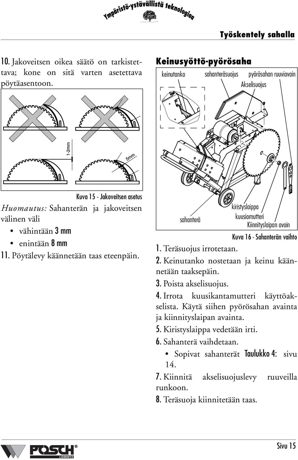 Pöytälevy käännetään taas eteenpäin. sahanterä kiristyslaippa kuusiomutteri Kiinnityslaipan avain Kuva 16 - Sahanterän vaihto 1. Teräsuojus irrotetaan. 2.