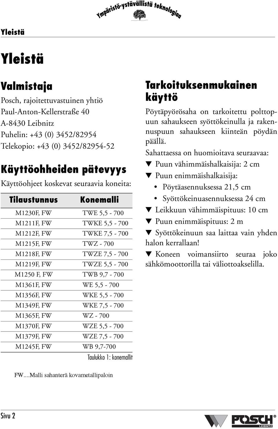 5,5-700 M1250 F, FW TWB 9,7-700 M1361F, FW WE 5,5-700 M1356F, FW WKE 5,5-700 M1349F, FW WKE 7,5-700 M1365F, FW WZ - 700 M1370F, FW WZE 5,5-700 M1379F, FW WZE 7,5-700 M1245F, FW WB 9,7-700 Taulukko 1: