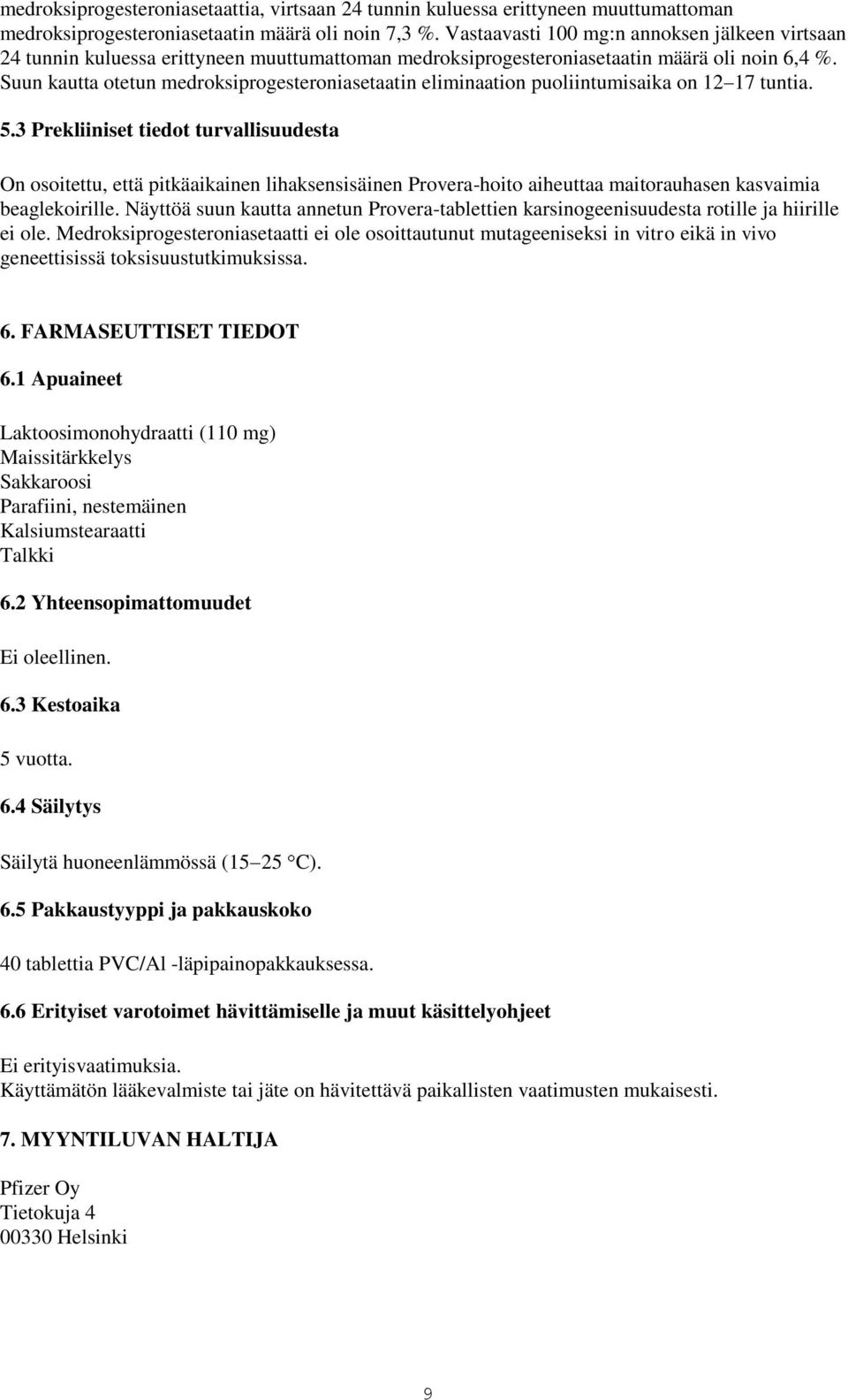 Suun kautta otetun medroksiprogesteroniasetaatin eliminaation puoliintumisaika on 12 17 tuntia. 5.