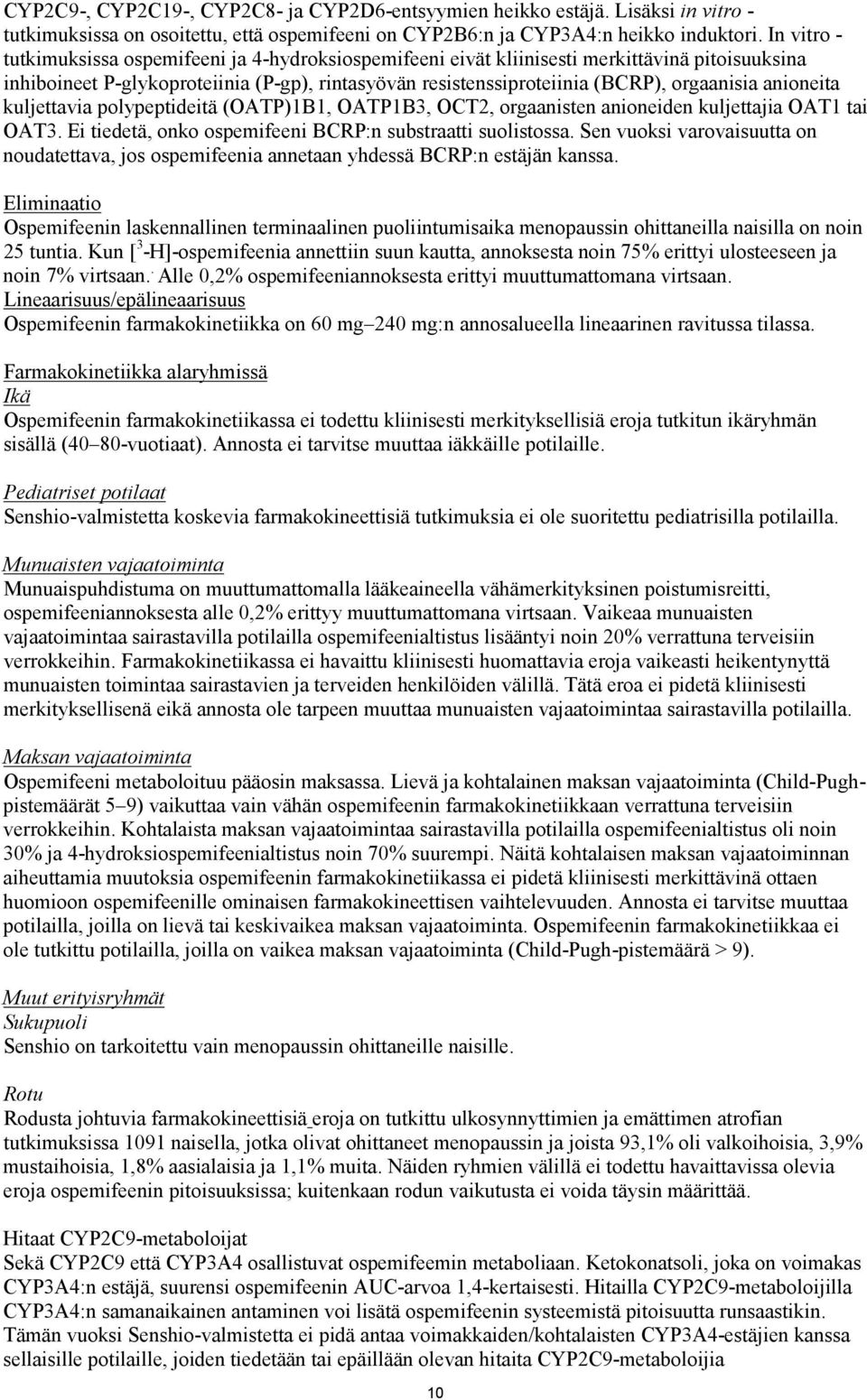 anioneita kuljettavia polypeptideitä (OATP)1B1, OATP1B3, OCT2, orgaanisten anioneiden kuljettajia OAT1 tai OAT3. Ei tiedetä, onko ospemifeeni BCRP:n substraatti suolistossa.