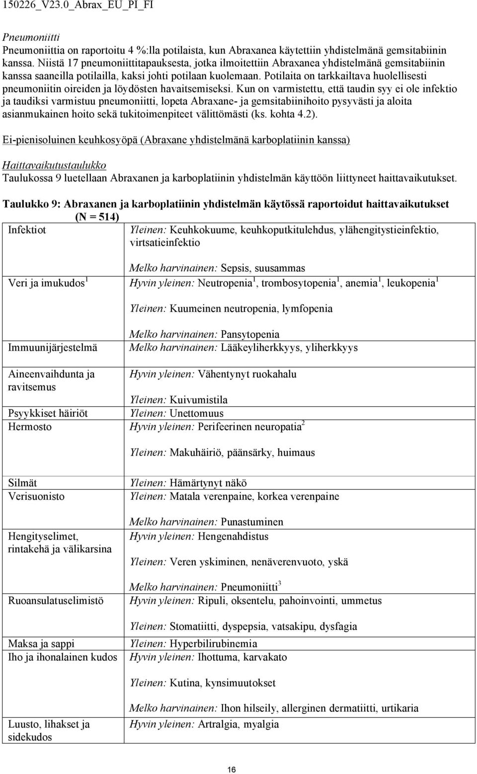 Potilaita on tarkkailtava huolellisesti pneumoniitin oireiden ja löydösten havaitsemiseksi.