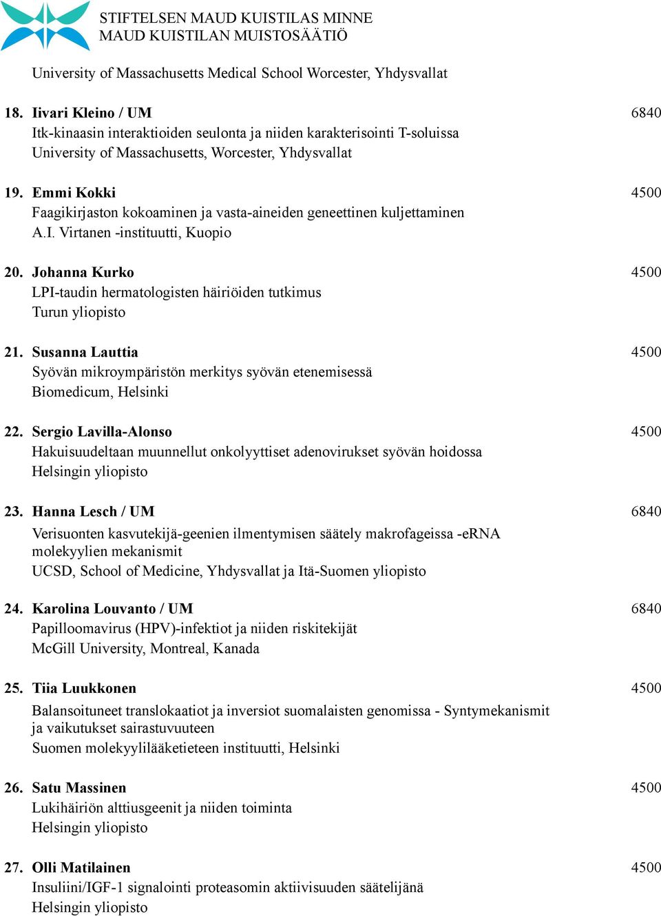 Emmi Kokki 4500 Faagikirjaston kokoaminen ja vasta-aineiden geneettinen kuljettaminen A.I. Virtanen -instituutti, Kuopio 20. Johanna Kurko 4500 LPI-taudin hermatologisten häiriöiden tutkimus 21.