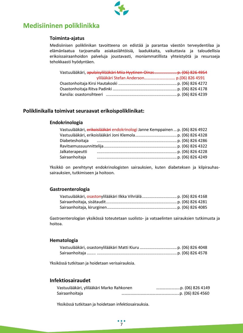 (06) 826 4591 Osastonhoitaja Kirsi Hautakoski... p. (06) 826 4272 Osastonhoitaja Ritva Padinki... p. (06) 826 4178 Kanslia: osastonsihteeri... p. (06) 826 4239 Poliklinikalla toimivat seuraavat erikoispoliklinikat: Endokrinologia Vastuulääkäri, erikoislääkäri endokrinologi Janne Kemppainen.