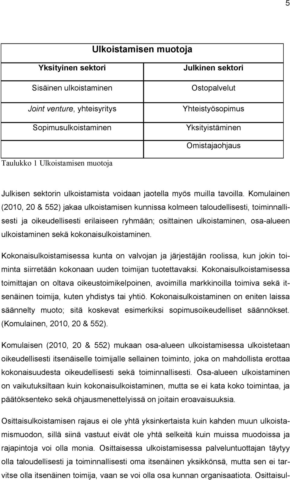 Komulainen (2010, 20 & 552) jakaa ulkoistamisen kunnissa kolmeen taloudellisesti, toiminnallisesti ja oikeudellisesti erilaiseen ryhmään; osittainen ulkoistaminen, osa-alueen ulkoistaminen sekä