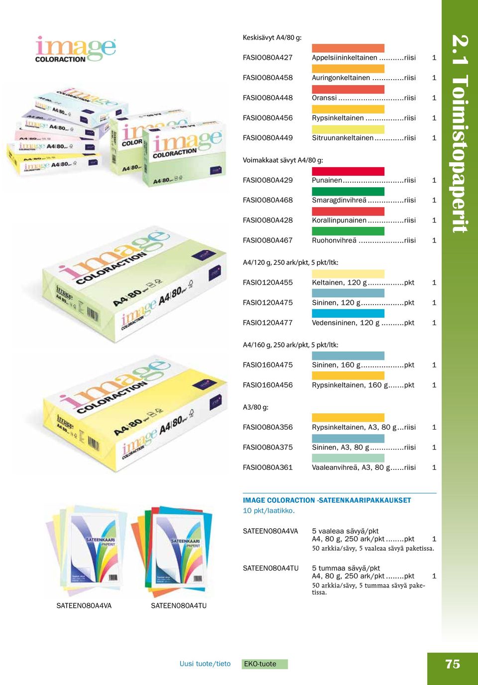 ..riisi 1 FASIO080A467 Ruohonvihreä...riisi 1 2.1 Toimistopaperit A4/120 g, 250 ark/pkt, 5 pkt/ltk: FASIO120A455 Keltainen, 120 g...pkt 1 FASIO120A475 Sininen, 120 g.