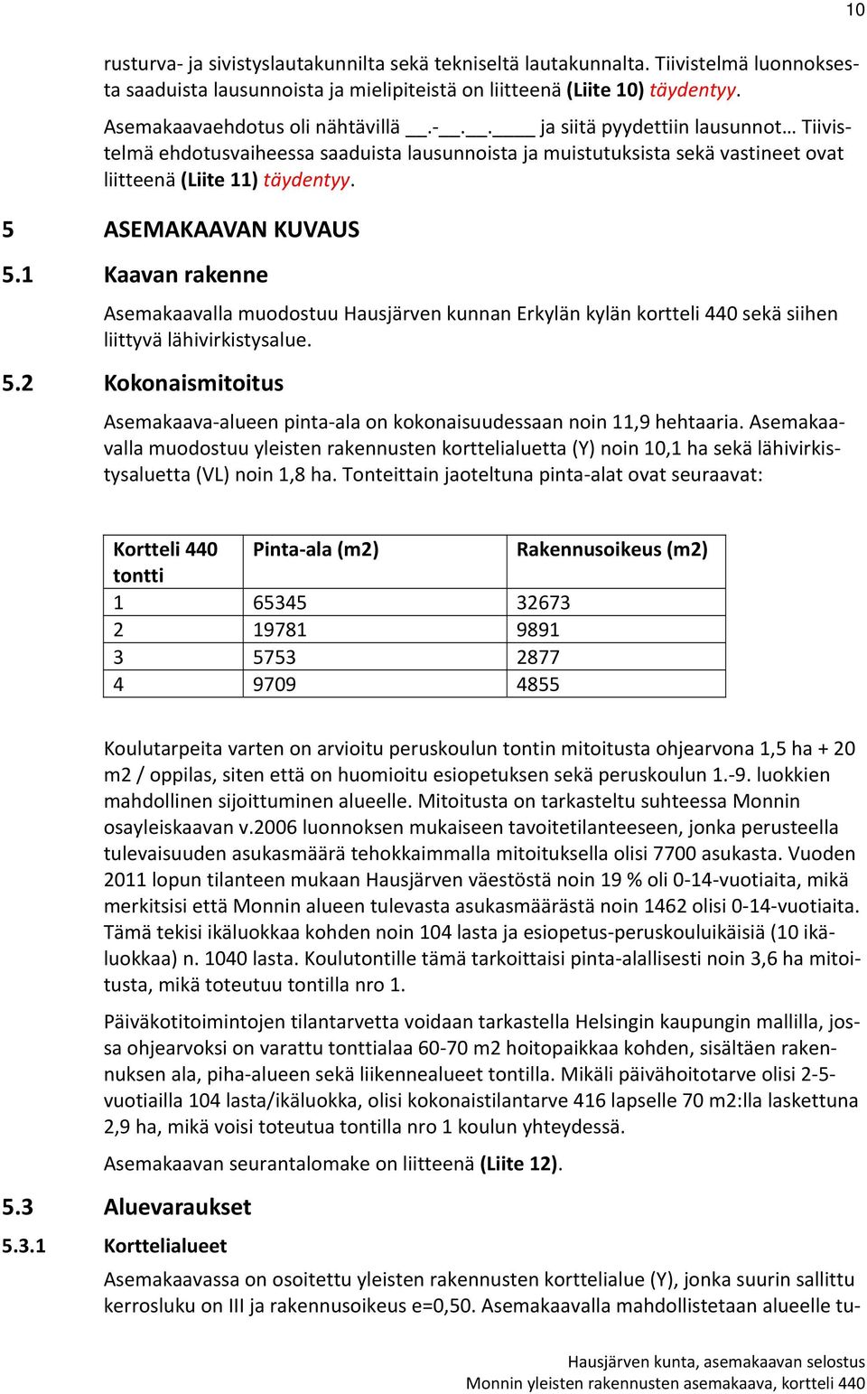 5 ASEMAKAAVAN KUVAUS 5.1 Kaavan rakenne Asemakaavalla muodostuu Hausjärven kunnan Erkylän kylän kortteli 440 sekä siihen liittyvä lähivirkistysalue. 5.2 Kokonaismitoitus Asemakaava alueen pinta ala on kokonaisuudessaan noin 11,9 hehtaaria.