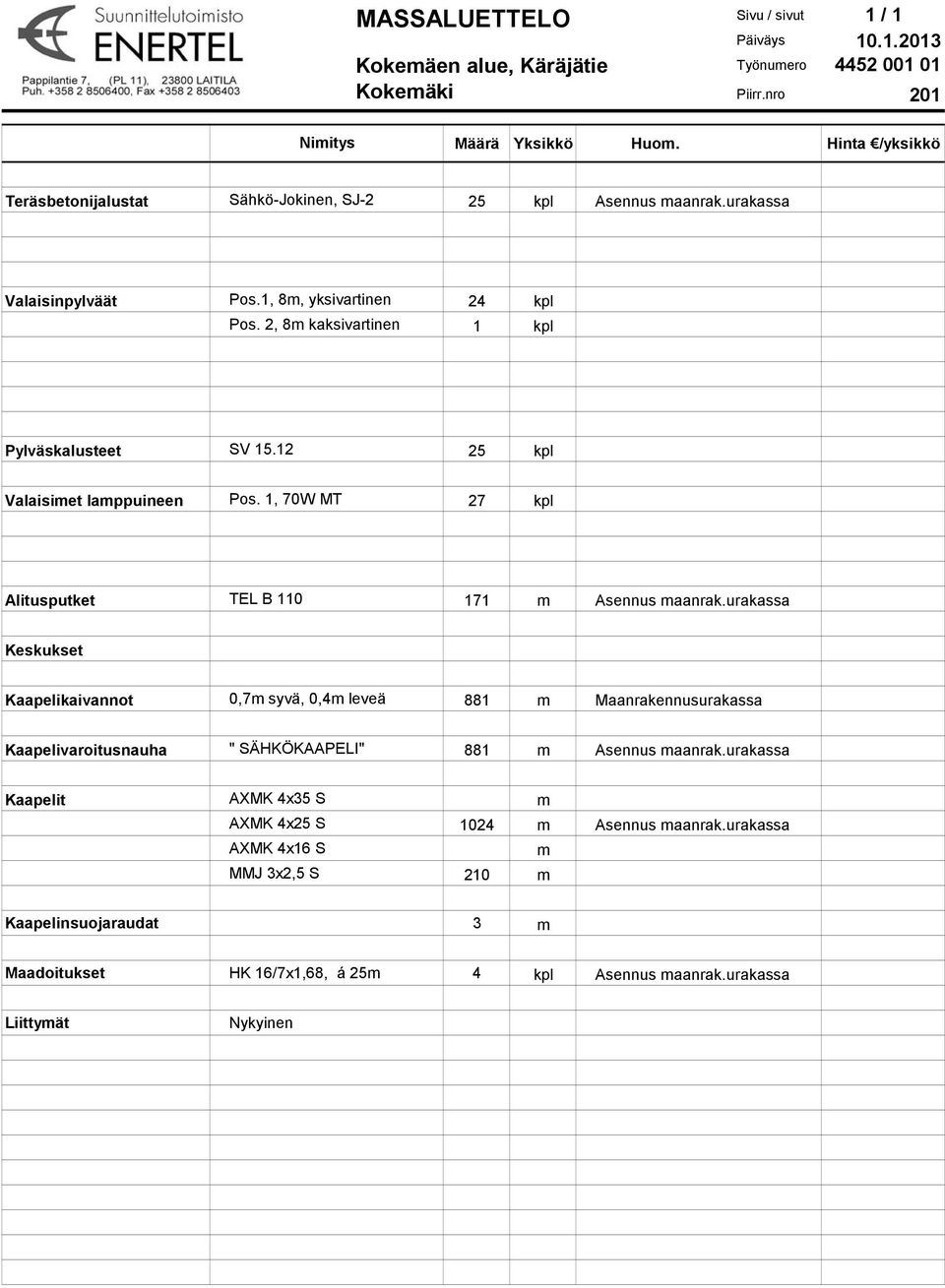 12 25 kpl Valaisimet lamppuineen Pos. 1, 70W MT 27 kpl Alitusputket TEL B 110 171 m Asennus maanrak.