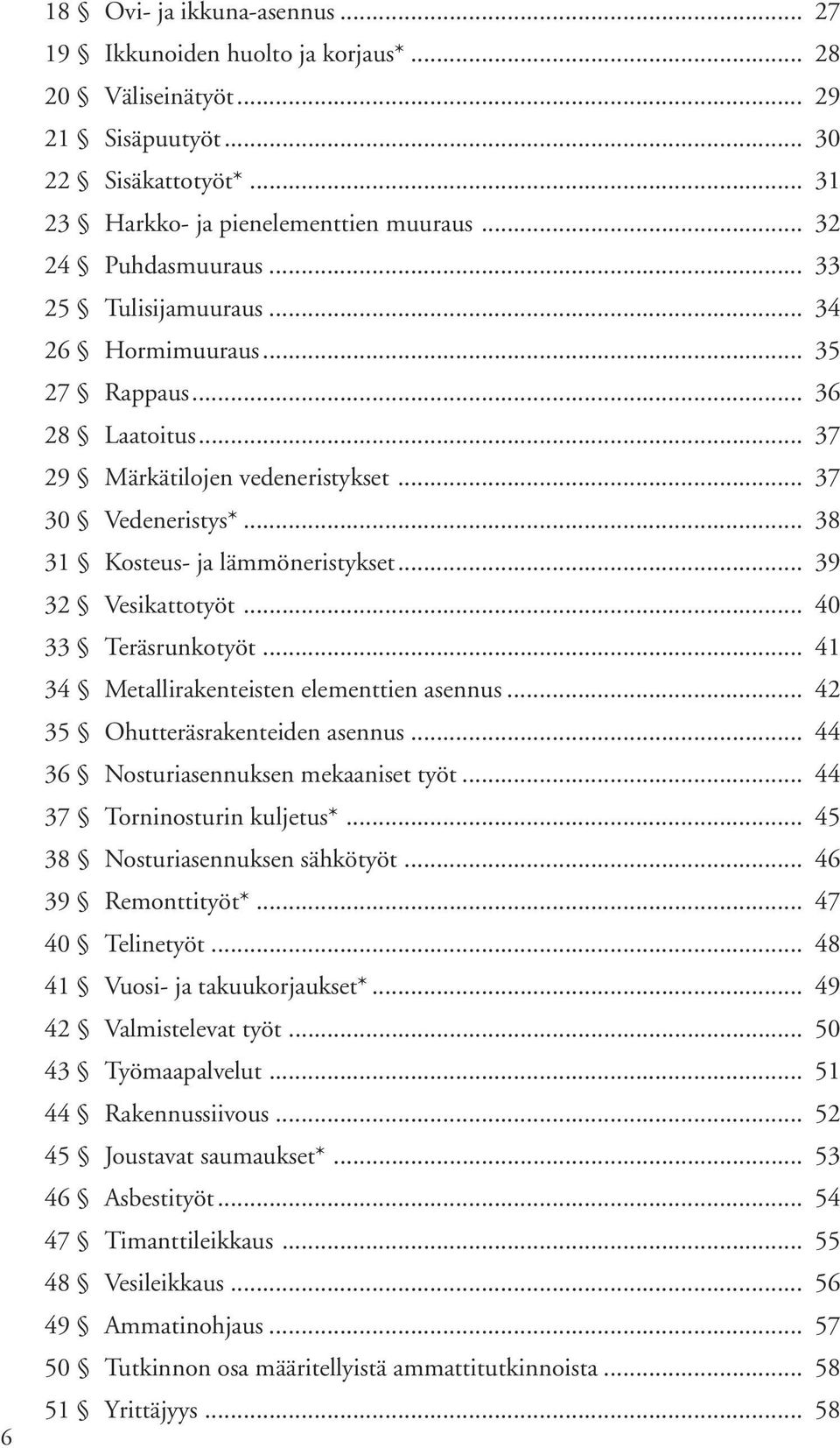 .. 39 32 Vesikattotyöt... 40 33 Teräsrunkotyöt... 41 34 Metallirakenteisten elementtien asennus... 42 35 Ohutteräsrakenteiden asennus... 44 36 Nosturiasennuksen mekaaniset työt.