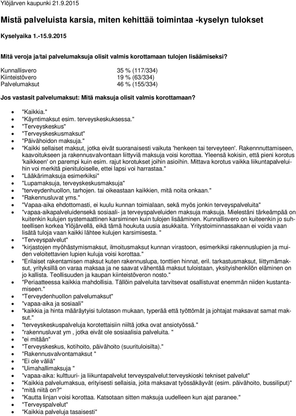 terveyskeskuksessa." "Terveyskeskus" "Terveyskeskusmaksut" "Päivähoidon maksuja." "Kaikki sellaiset maksut, jotka eivät suoranaisesti vaikuta 'henkeen tai terveyteen'.