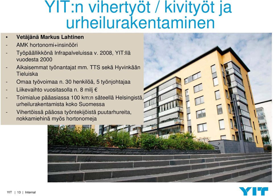 TTS sekä Hyvinkään Tieluiska - Omaa työvoimaa n. 30 henkilöä, 5 työnjohtajaa - Liikevaihto vuositasolla n.