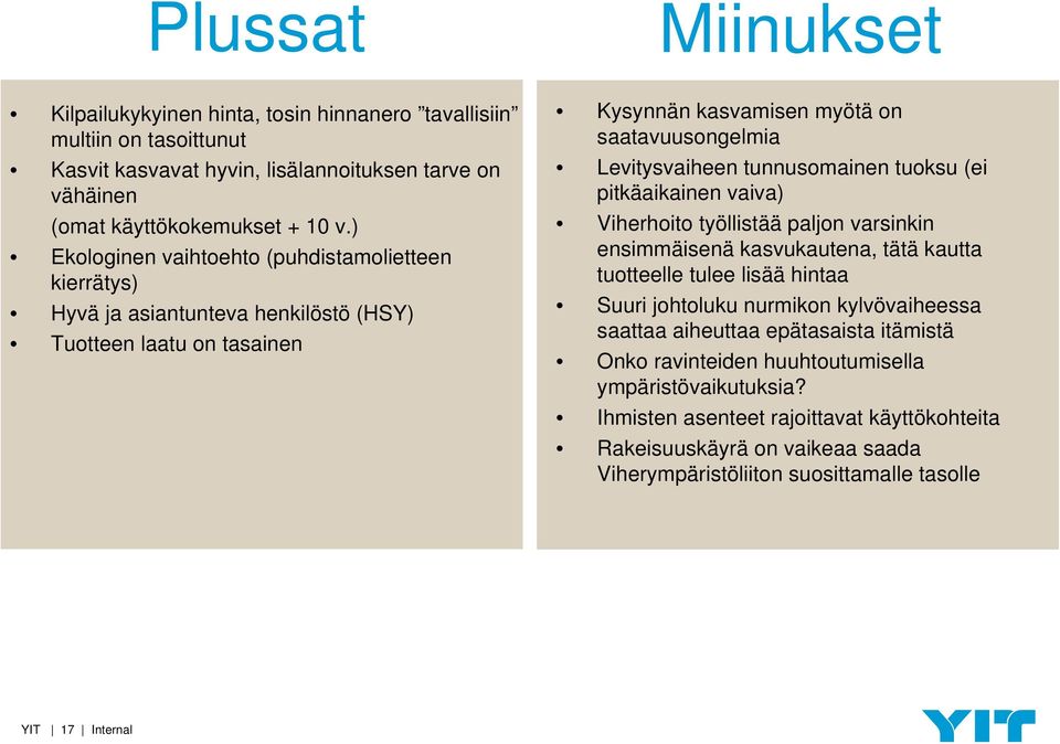 tuoksu (ei pitkäaikainen vaiva) Viherhoito työllistää paljon varsinkin ensimmäisenä kasvukautena, tätä kautta tuotteelle tulee lisää hintaa Suuri johtoluku nurmikon kylvövaiheessa saattaa