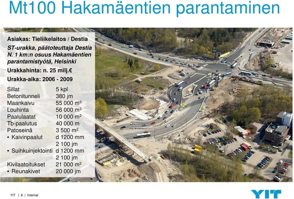 Urakka-aika: 2006-2009 Sillat 5 kpl Betonitunneli 380 jm Maankaivu 55 000 m 3 Louhinta 56 000 m 3 Paalulaatat 10 000