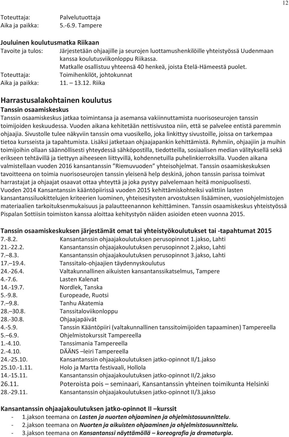 Riika Harrastusalakohtainen koulutus Tanssin osaamiskeskus Tanssin osaamiskeskus jatkaa toimintansa ja asemansa vakiinnuttamista nuorisoseurojen tanssin toimijoiden keskuudessa.