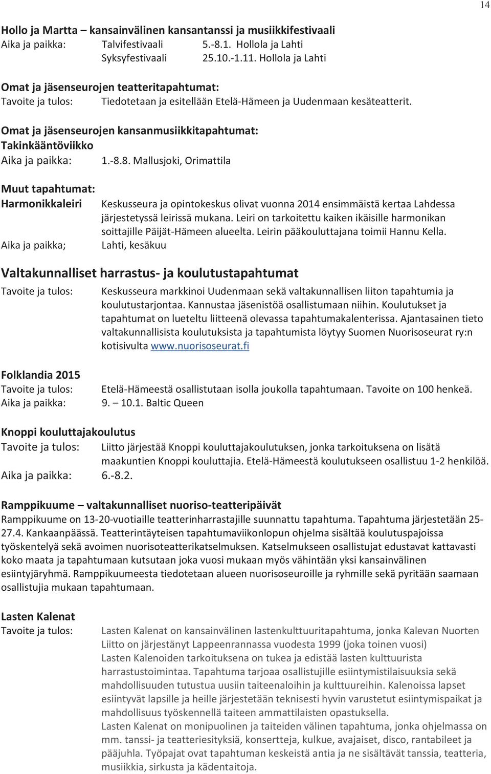 Omat ja jäsenseurojen kansanmusiikkitapahtumat: Takinkääntöviikko Aika ja paikka: 1.-8.