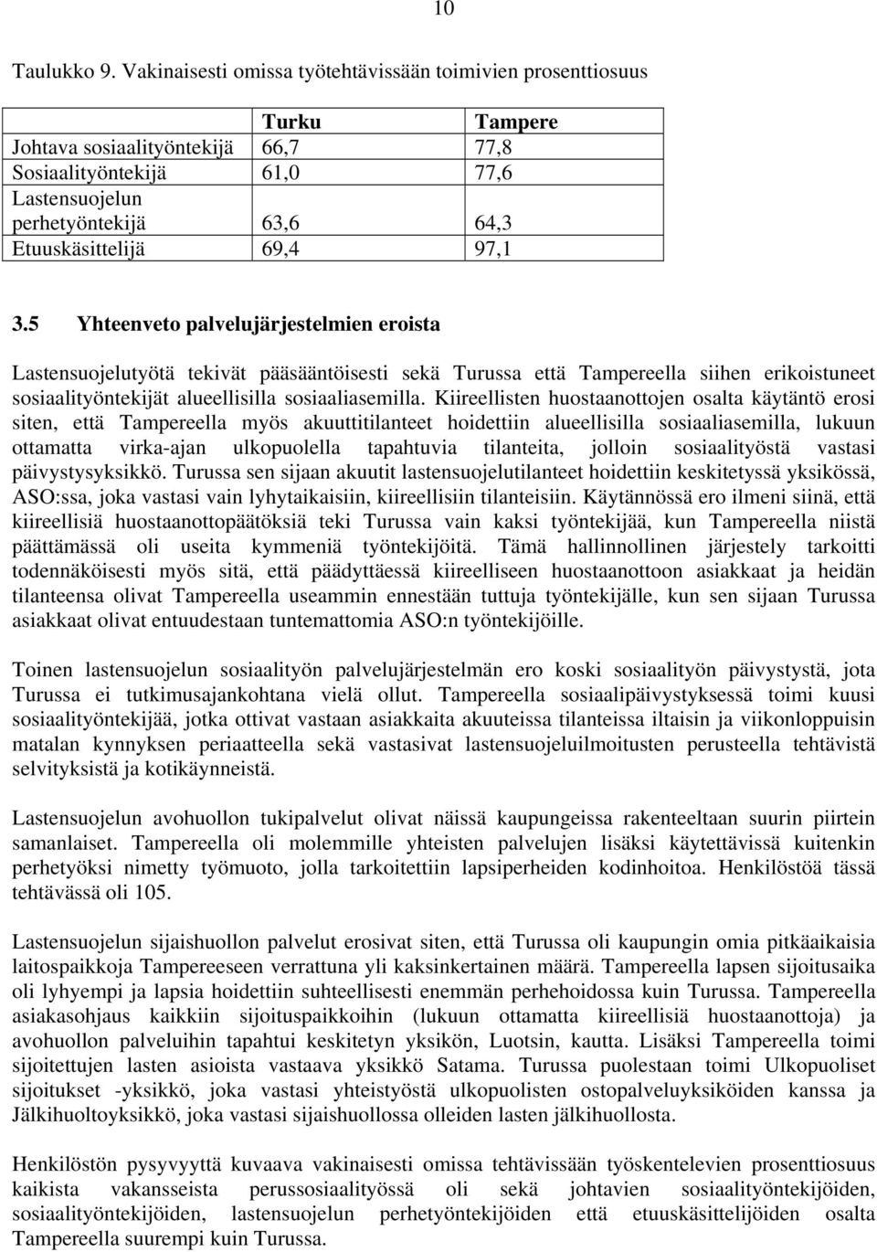 69,4 97,1 3.5 Yhteenveto palvelujärjestelmien eroista Lastensuojelutyötä tekivät pääsääntöisesti sekä Turussa että Tampereella siihen erikoistuneet sosiaalityöntekijät alueellisilla sosiaaliasemilla.