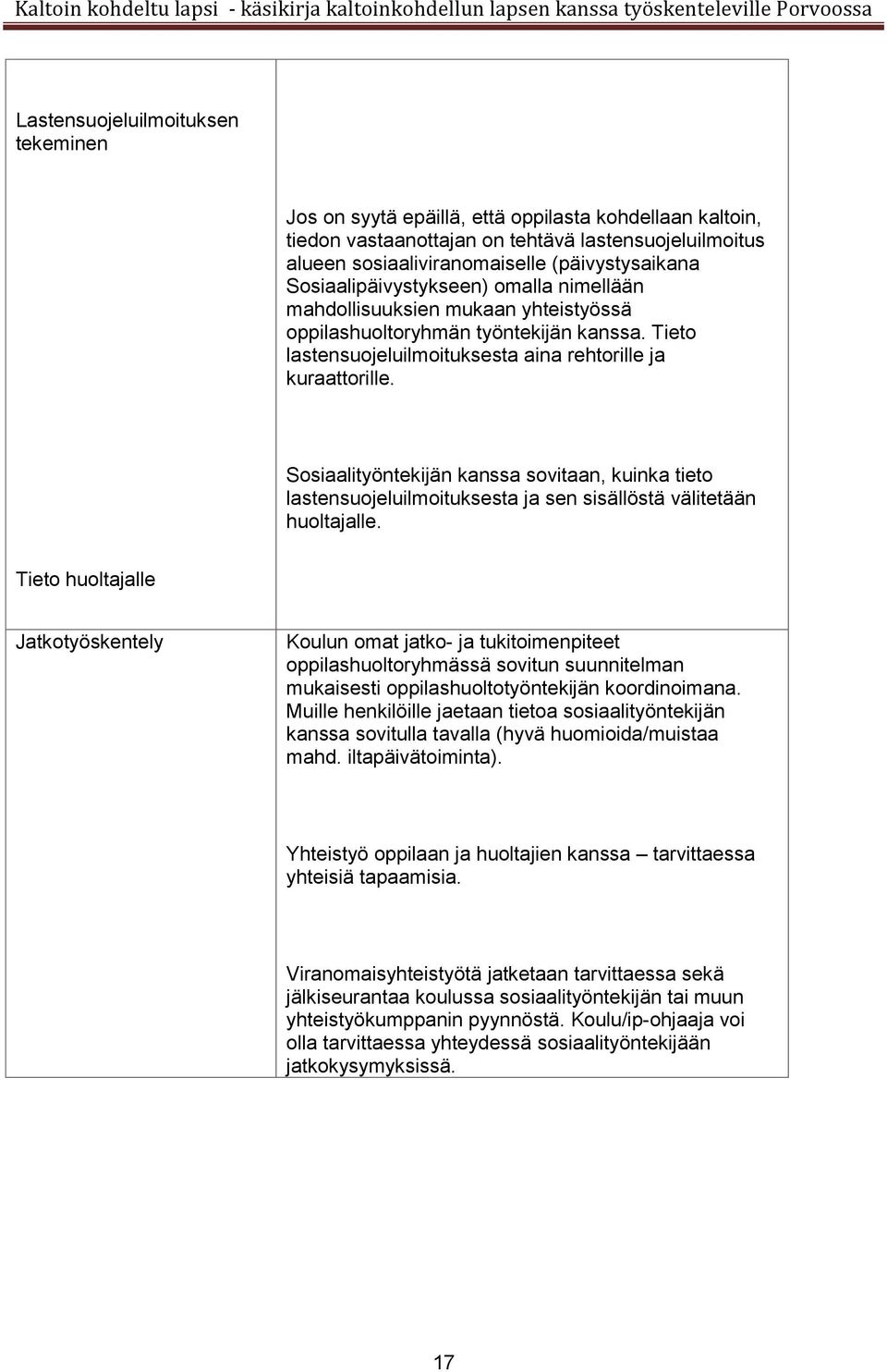 Sosiaalityöntekijän kanssa sovitaan, kuinka tieto lastensuojeluilmoituksesta ja sen sisällöstä välitetään huoltajalle.