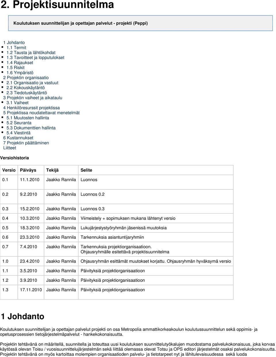 1 Vaiheet 4 Henkilöresurssit projektissa 5 Projektissa noudatettavat menetelmät 5.1 Muutosten hallinta 5.2 Seuranta 5.3 Dokumenttien hallinta 5.