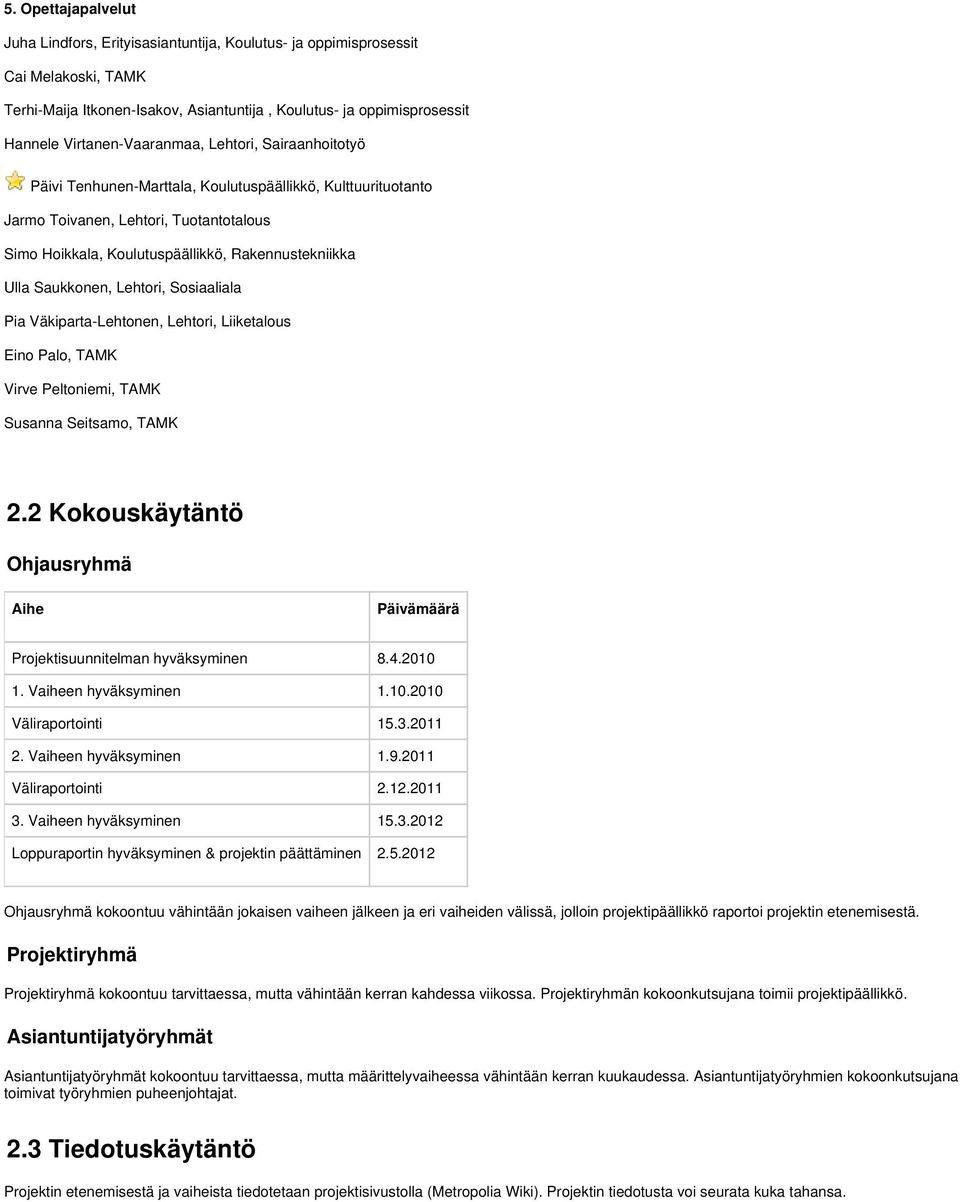 Ulla Saukkonen, Lehtori, Sosiaaliala Pia Väkiparta-Lehtonen, Lehtori, Liiketalous Eino Palo, TAMK Virve Peltoniemi, TAMK Susanna Seitsamo, TAMK 2.
