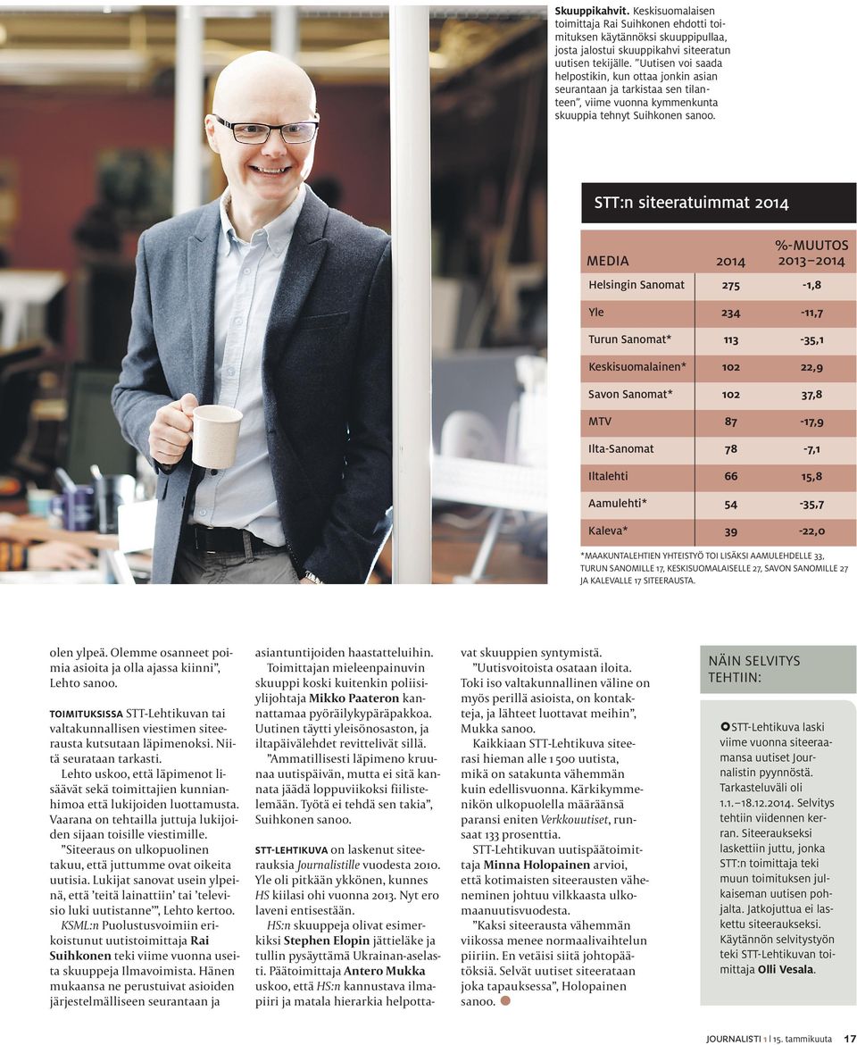 STT:n siteeratuimmat 2014 MEDIA 2014 %-MUUTOS 2013 2014 Helsingin Sanomat 275-1,8 Yle 234-11,7 Turun Sanomat* 113-35,1 Keskisuomalainen* 102 22,9 Savon Sanomat* 102 37,8 MTV 87-17,9 Ilta-Sanomat