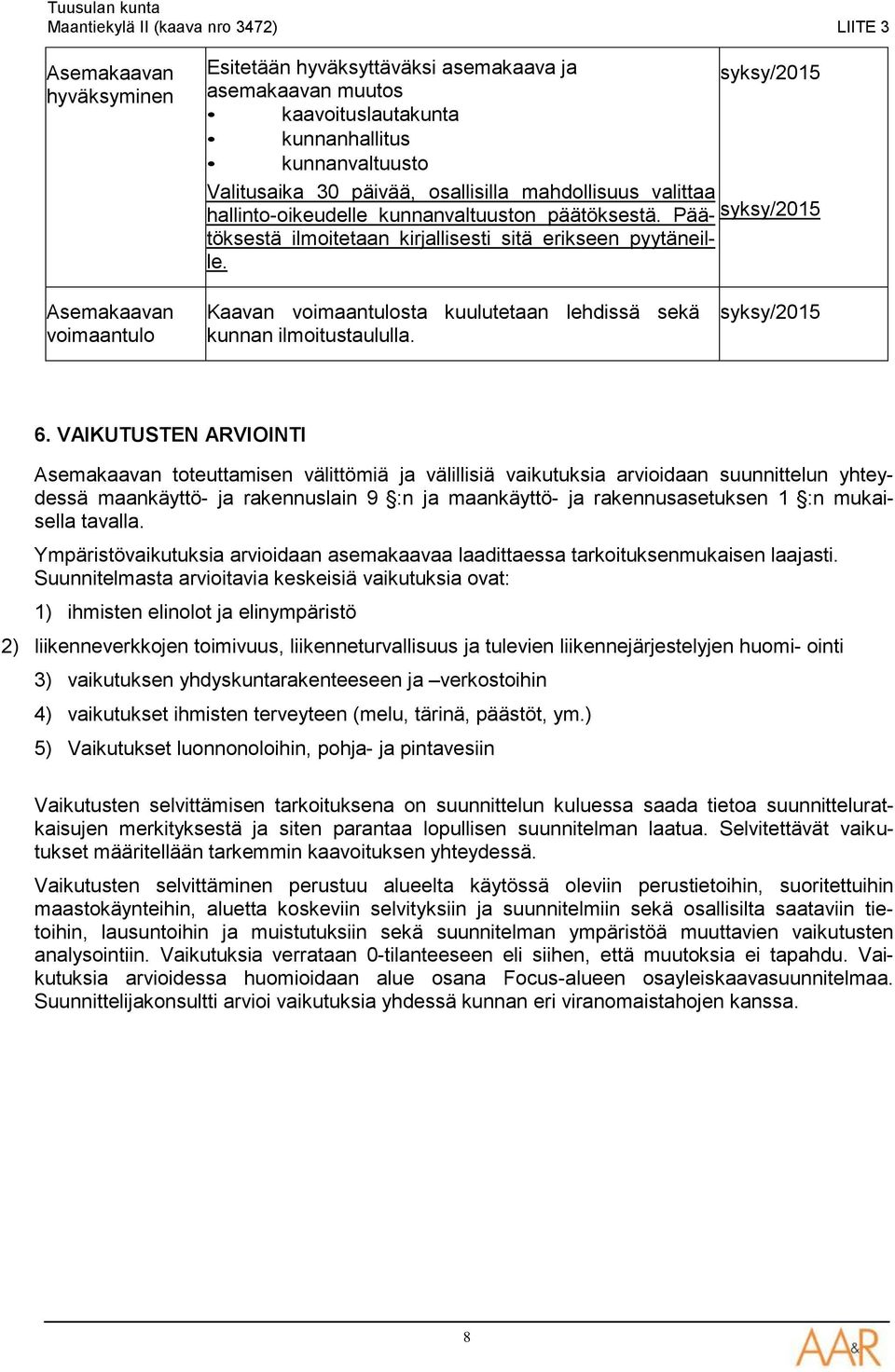 Asemakaavan voimaantulo Kaavan voimaantulosta kuulutetaan lehdissä sekä kunnan ilmoitustaululla. syksy/2015 6.