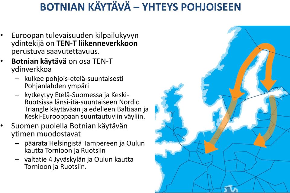 länsi-itä-suuntaiseen Nordic Triangle käytävään ja edelleen Baltiaan ja Keski-Eurooppaan suuntautuviin väyliin.