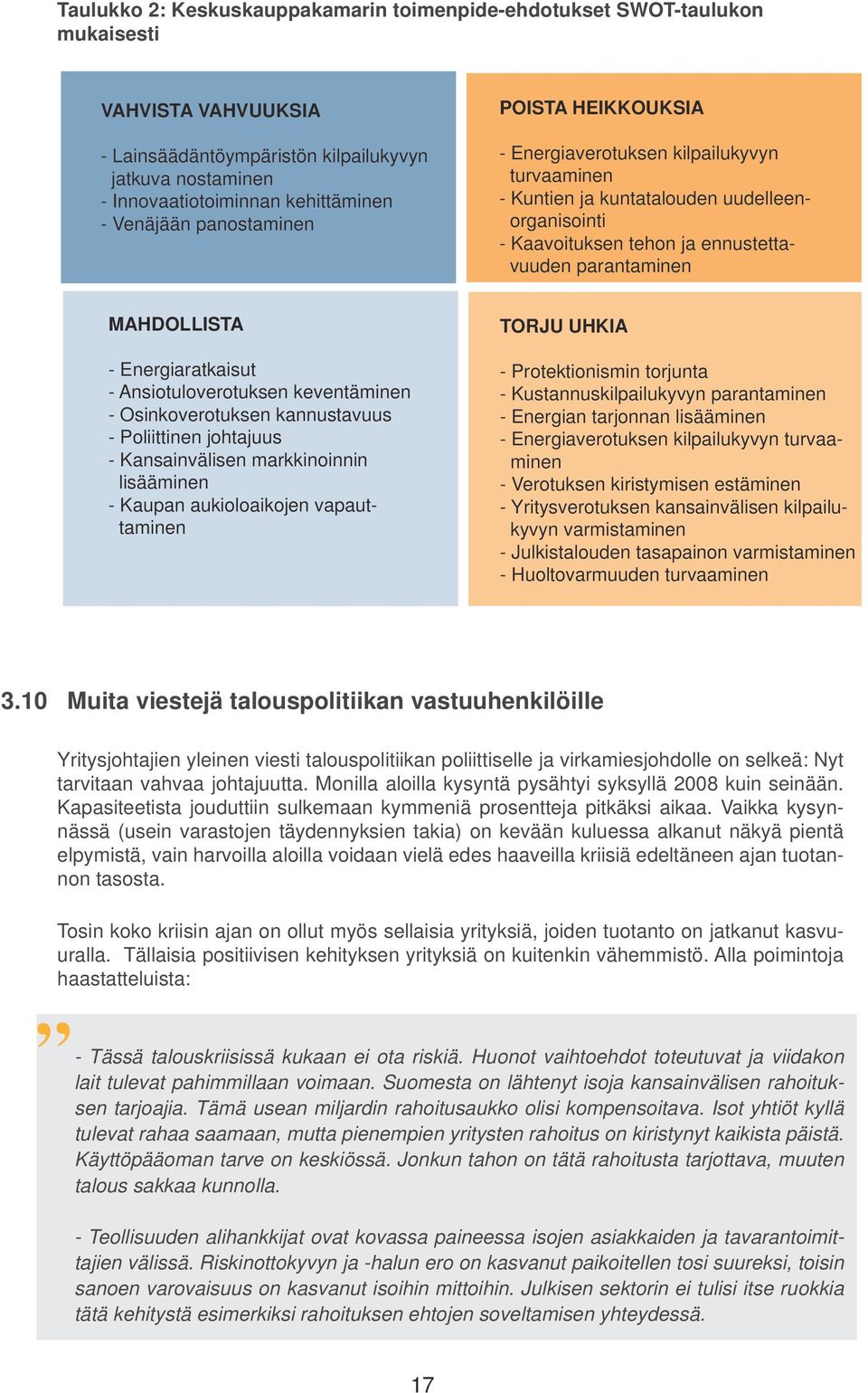 MAHDOLLISTA - Energiaratkaisut - Ansiotuloverotuksen keventäminen - Osinkoverotuksen kannustavuus - Poliittinen johtajuus - Kansainvälisen markkinoinnin lisääminen - Kaupan aukioloaikojen