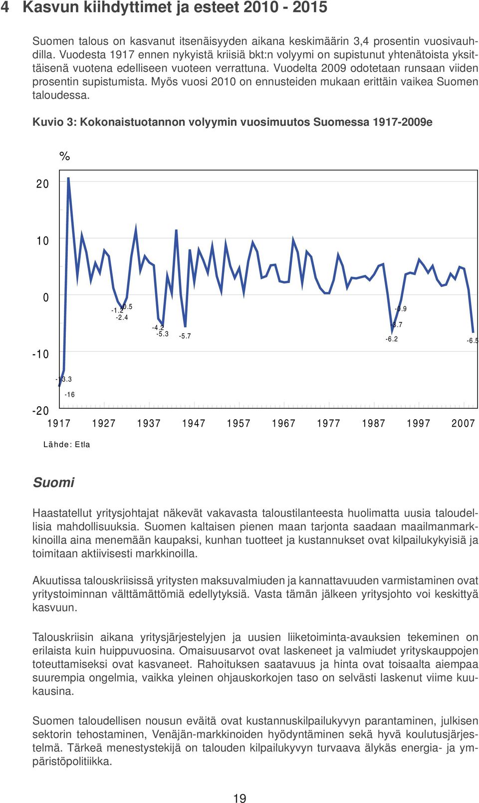 Myös vuosi 2010 on ennusteiden mukaan erittäin vaikea Suomen taloudessa. Kuvio 3: Kokonaistuotannon volyymin vuosimuutos Suomessa 1917-2009e 20 % 10 0-10 -0.5-1.2-2.4-4.2-3.7-5.3-5.7-6.2-0.9-6.5-13.