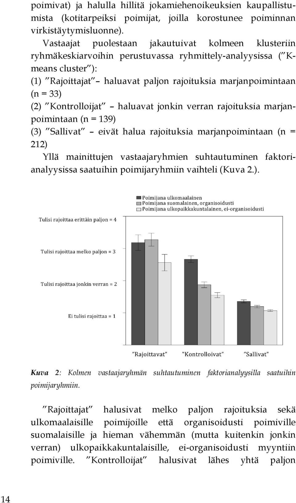 (2) Kontrolloijat haluavat jonkin verran rajoituksia marjanpoimintaan (n = 139) (3) Sallivat eivät halua rajoituksia marjanpoimintaan (n = 212) Yllä mainittujen vastaajaryhmien suhtautuminen