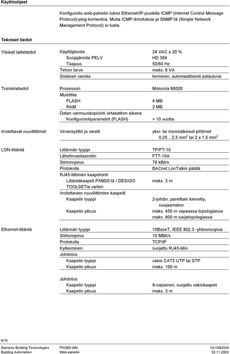 Tekniset tiedot Yleiset laitetiedot Käyttöjännite 24 VAC ± 20 % Suojajännite PELV HD 384 Taajuus 50/60 Hz Tehon tarve maks.