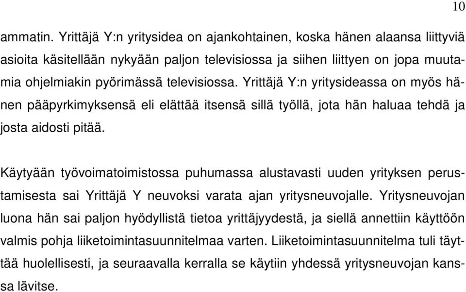 televisiossa. Yrittäjä Y:n yritysideassa on myös hänen pääpyrkimyksensä eli elättää itsensä sillä työllä, jota hän haluaa tehdä ja josta aidosti pitää.