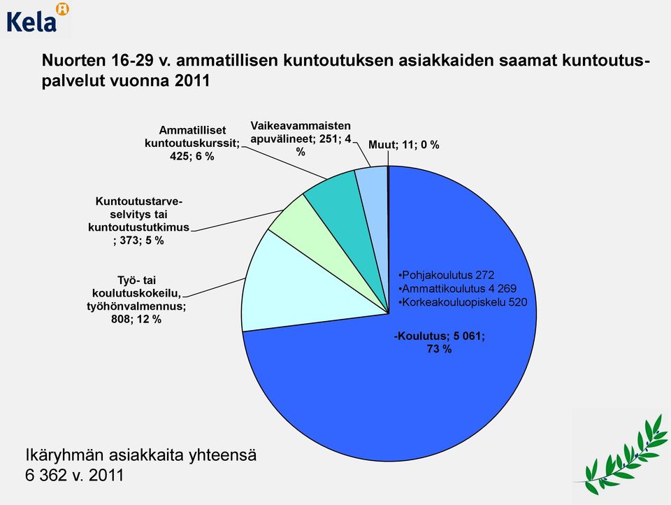 425; 6 % Vaikeavammaisten apuvälineet; 251; 4 % Muut; 11; 0 % Kuntoutustarveselvitys tai