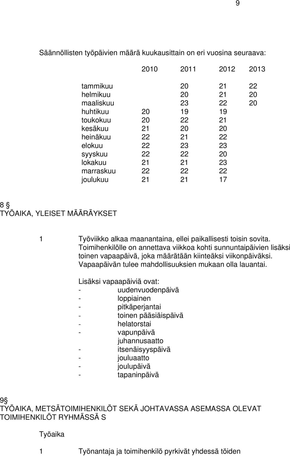 Toimihenkilölle on annettava viikkoa kohti sunnuntaipäivien lisäksi toinen vapaapäivä, joka määrätään kiinteäksi viikonpäiväksi. Vapaapäivän tulee mahdollisuuksien mukaan olla lauantai.