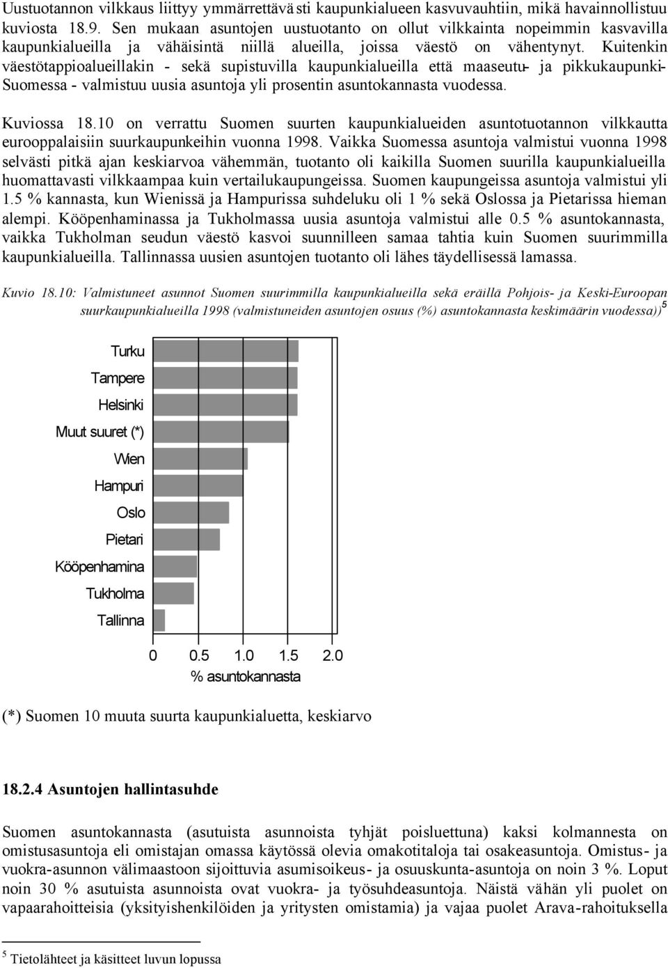 Kuitenkin väestötappioalueillakin - sekä supistuvilla kaupunkialueilla että maaseutu- ja pikkukaupunki- Suomessa - valmistuu uusia asuntoja yli prosentin asuntokannasta vuodessa. Kuviossa 18.